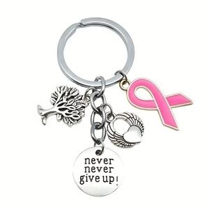 Pink Ribbon “Never Give Up” Inspirational Bag Charm Keychain